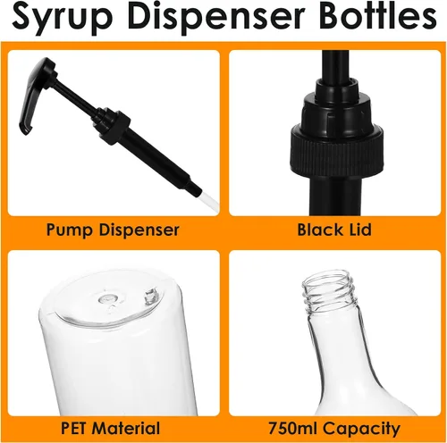 Vista 3 de Botellas de jarabe de 25 onzas con bomba, botellas de cuello largo, dispensador de bomba de jarabe de plástico para cafeterías, accesorios