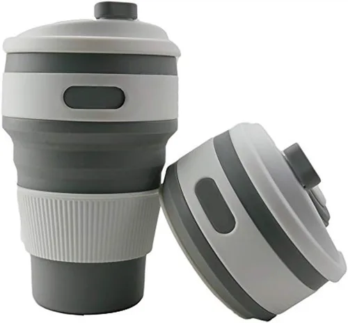 Vista 7 de Fullgaden Taza de viaje plegable de silicona, taza portátil con tapa, agua, café, coca cola y aperitivos para senderismo, campamento, picnic, azul