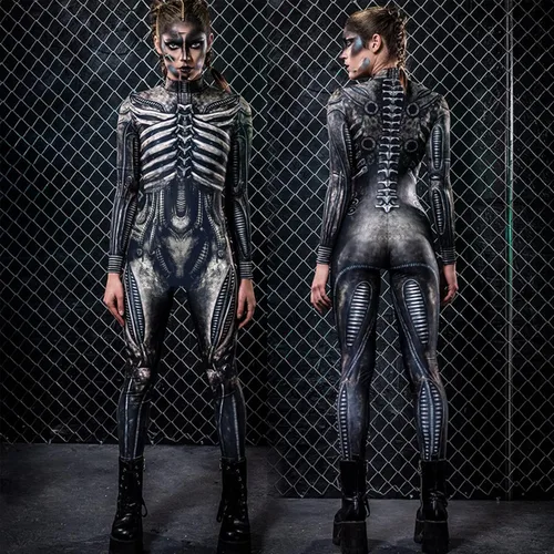 Vista 4 de Fixmatti - Disfraz de fiesta de Halloween para mujer, traje de manga larga con estampado de calavera