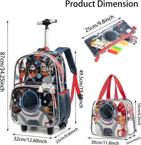 Vista 2 de Mochila transparente con ruedas para niños y niñas, Astronaut, Lindo