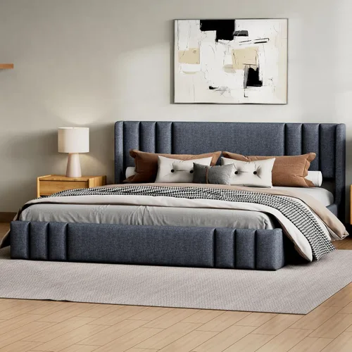 Vista 14 de Moderna cama tapizada de tamaño Queen, forro polar bereber grueso, base de colchón tapizada con cabecera copetuda y soporte de listones de madera