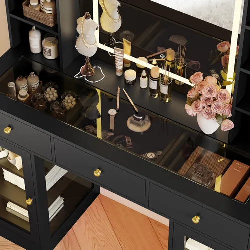 Vista 7 de Escritorio de maquillaje con espejo y luces, tocador negro de 43 pulgadas con parte superior de cristal, almacenamiento de joyas, 3 cajones