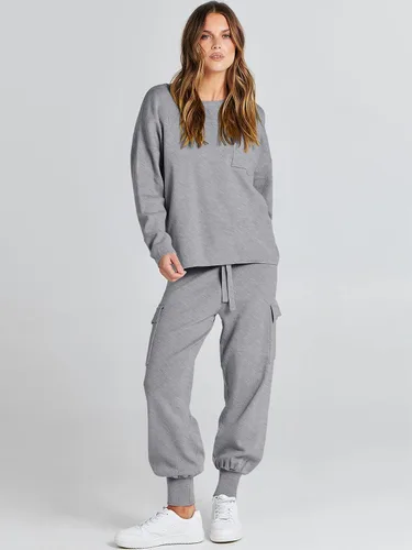Vista 7 de Caracilia Conjunto de dos piezas para mujer, suéter de punto de manga larga y pantalones deportivos tipo cargo