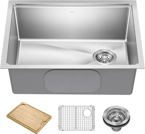 Vista 19 de KRAUS Fairlane KHT631-15 - Fregadero de cocina o bar, 15 pulgadas, montaje directo/superior, cuenco individual, de acero inoxidable de calibre 18