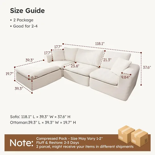 Vista 2 de Modular Sectional Cloud Sofa, No Assembly Oversized Boneless Couch, Beige