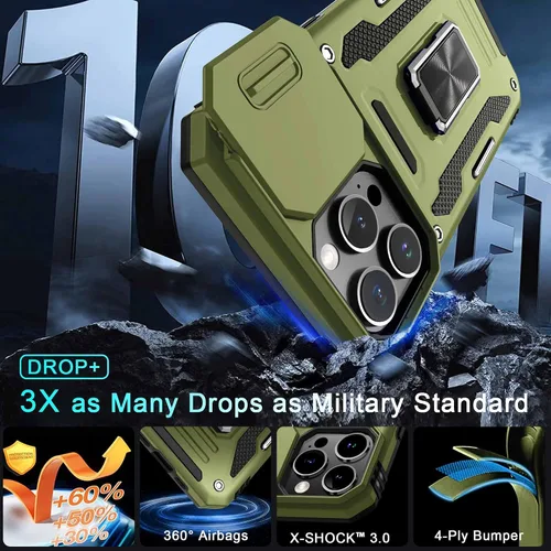 Vista 166 de DEERLAMN Funda para iPhone Xs Max con funda deslizante para cámara + protector de pantalla, soporte giratorio de anillo de grado militar a prueba