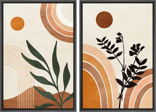 Vista 130 de SIGNFORD Lienzo enmarcado para pared, juego de arte geométrico retro de mediados de siglo, plantas forestales, ilustraciones con formas abstractas