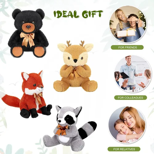 Vista 6 de Zomiboo Juego de 4 piezas de animales de peluche del bosque, de la selva, incluye peluche de alce, zorro, mapache, oso, realista, negro, animales