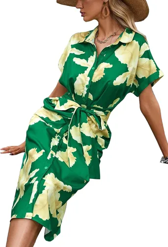 Vista 6 de LYANER Vestido midi ajustado de manga corta con cuello y botones y estampado floral para mujer
