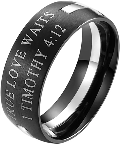 Vista 7 de Anillo de rompecabezas de pureza cristiana de acero inoxidable con versículo bíblico de 0.315 in para hombre, 1 Timoteo 4:12 Tono-dorado