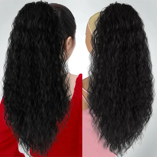Vista 2 de UA My Hair - Extensión de cola de caballo larga y rizada con cordón para mujer, cola de caballo sintética ondulada negra de 26 pulgadas para uso