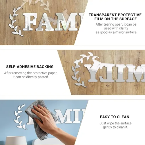 Vista 7 de Decoración de pared con espejo de letras familiares, calcomanías de espejo acrílico 3D, citas de letras familiares, decoración del hogar, letreros