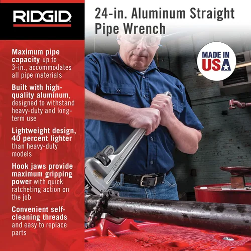 Vista 3 de RIDGID 31105 Llave de tubo recta de aluminio modelo 824, 24 pulgadas (producto 1) y llave de tubo recta de aluminio RIDGID 47057, 12 pulgadas