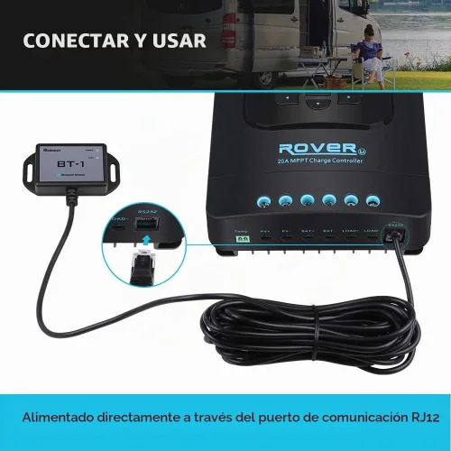 Vista 8 de Puerto de comunicación RS232 compatible con módulo Bluetooth Renogy RJ12, controladores de carga Rover/Wanderer/Adventurer, BT-1, color negro