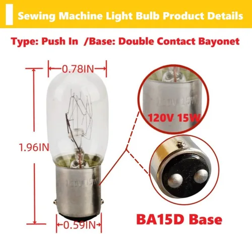 Vista 2 de (2 unidades) Bombillas transparentes tipo empuje para Kenmore Singer Janome Otra bombilla de máquina de coser estilo antiguo 15W 120V