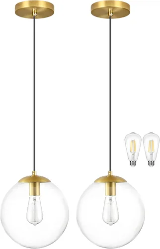 Vista 29 de KoKo&Yukina Luces colgantes modernas de globo de vidrio dorado de 6 pulgadas, paquete de 2 lámparas colgantes de vidrio transparente de mediados