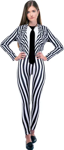 Vista 5 de El kit de rayas verticales blancas y negras para mujer incluye un pantalón largo tipo blazer con lazo, Blanco y Negro