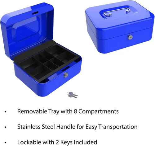 Vista 3 de Stalwart 75-6580BLU Hawk - Caja de efectivo azul con cerradura de llave de 8 pulgadas con bandeja para monedas