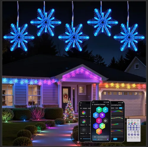 Vista 9 de Brightown - Luces colgantes inteligentes de copo de nieve, 12 pies, 96 ledes, 8 gotas, sincroniza con música, control desde la app, impermeable, más