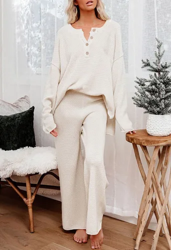 Vista 3 de Uusollecy Conjunto de suéter de 2 piezas para mujer, de manga larga, sin botones, de punto, pantalones de pierna ancha, ropa de descanso