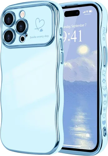 Vista 42 de LCHULLE - Funda para iPhone Air, linda para mujeres y niñas, con forma de onda, color azul bebé Luxury Plating Curly Wavy Frame with Love Heart
