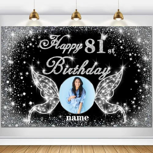 Vista 109 de Cartel personalizado de decoración de fiesta de cumpleaños número 100 - tema de alas de ángel - negro y plateado HY-NLK-100º