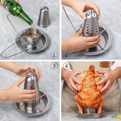 Vista 6 de AMOZO Soporte para pollo para latas de cerveza para parrilla y ahumador, soporte para pollo de acero inoxidable 304 de alta calidad, tostadores