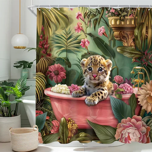 Vista 9 de Juego de cortina de ducha de baño con diseño de leopardo y guepardo rosa A-01pink leopardo verde