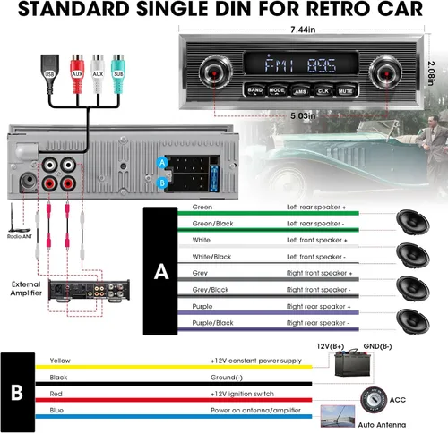 Vista 6 de Estilo retro clásico Radio de coche - ABSOSO Bluetooth de una sola ranura Vintage Estéreo - Sintonizador AM FM USB AUX Entrada 4.1 CHN Salida