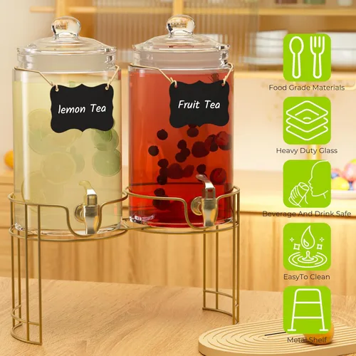 Vista 3 de Dispensadores de bebidas de vidrio para fiestas, paquete de 2 dispensadores de bebidas de 1 galón con tapas, soporte de metal dorado y espita 100% a