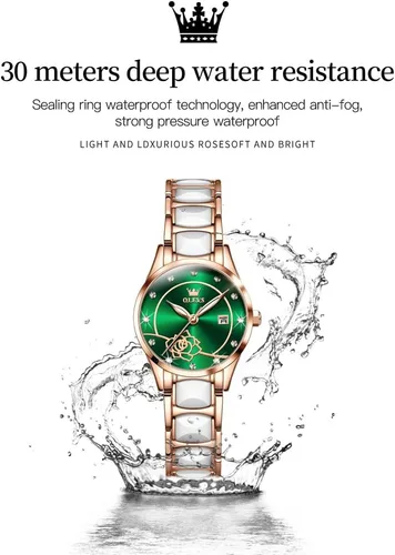 Vista 5 de OLEVS Relojes para mujer, oro rosa, de dos tonos, de moda, de cerámica, blanco, esfera rosa, roja, acero inoxidable, fecha impermeable