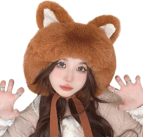 Vista 6 de Gorro de invierno de piel sintética para mujer, con orejas de gato de zorro, con orejera, pompón, sombrero de trampero de felpa cálida rusa