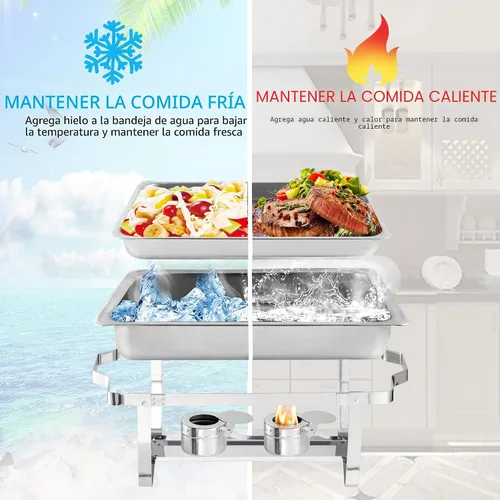 Vista 4 de Juego de Bandejas Calentadoras (Chafing Dish) para Buffet de 4 Piezas, Bandeja de Comida Rectangular Plegable de Acero Inoxidable de 8 Cuartos