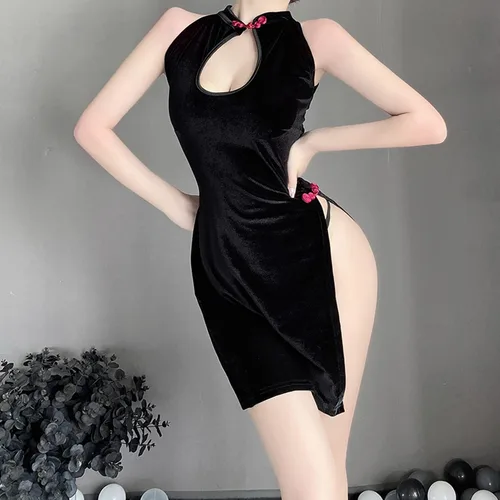 Vista 4 de SINGUYUN Vestido de lencería china Cheongsam con estampado retro, disfraz sexy de anime para mujer, traje de babydoll Qipao