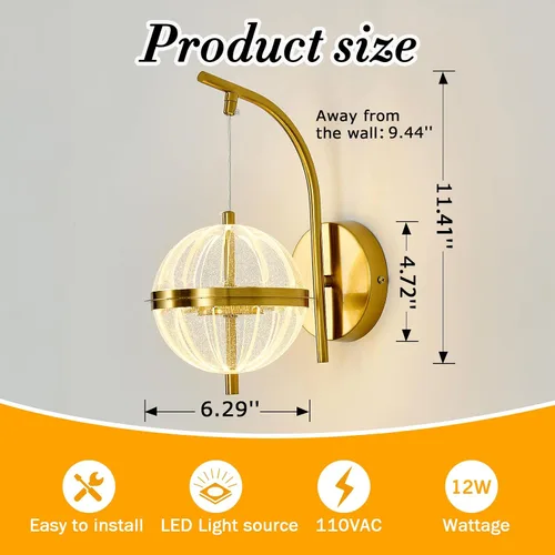Vista 2 de UOFUS Aplique de pared dorado con pantalla acrílica de globo de mediados de siglo, moderna lámpara de pared LED de 12 W, 3000 K/4000 K/6000 K