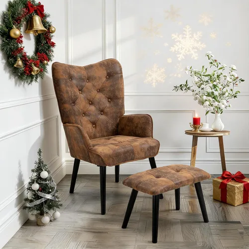 Vista 6 de ECOTOUGE Silla decorativa rústica con otomana, silla de respaldo de ala de microfibra alta con brazos, silla de lectura para sala de estar