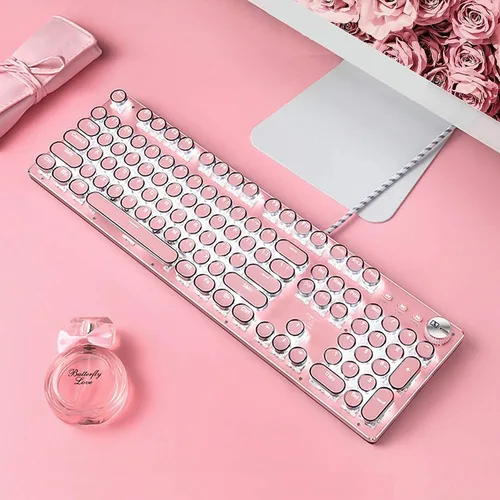 Vista 5 de CC MALL Teclado para juegos, estilo retro punk de máquina de escribir, interruptores azules, retroiluminación blanca, cable USB, para computadora