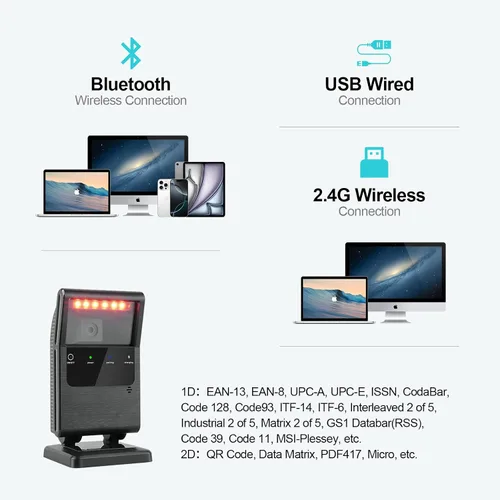 Vista 2 de OBZ Escáner de código de barras inalámbrico 2D, Bluetooth y 2.4G y USB con cable 3 en 1, lector de código QR omnidireccional manos libres