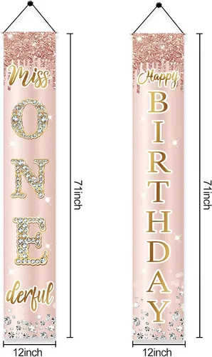 Vista 2 de Miss Onederful - Cartel de feliz cumpleaños para puerta y letrero de porche para niñas bebés, suministros de fiesta de primer cumpleaños, decoración
