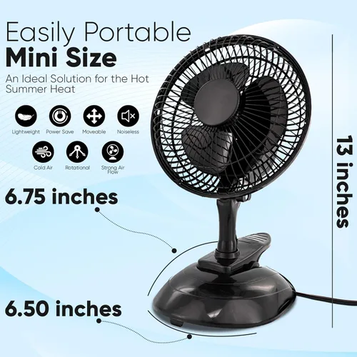 Vista 2 de RamPro Escritorio portátil y ventilador de clip, ventiladores de 6 pulgadas, enchufe pequeño y silencioso, pequeño ventilador de refrigeración Negro