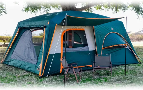 Vista 17 de KTT Extra Large Tent 12-14 Person,Family Cabin Tents,2 Bay-Windows,2 Rooms and 3 Doors 3 Windows with Mesh,Waterproof,Straight Wall,Double Layer,Big