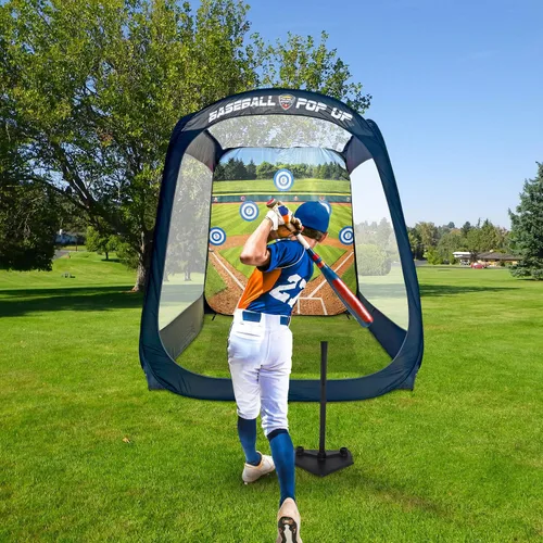 Vista 3 de MACCABI Art - Entrenador de práctica de béisbol/softbol emergente de 8 pies con fondo de golpeo y lanzamiento integrado, camiseta de bateo