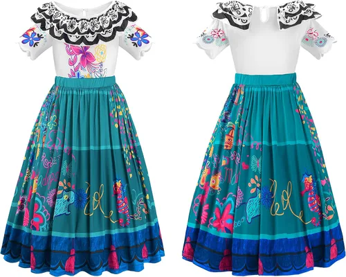 Vista 2 de Uplus ME Disfraz de princesa Mirabel, vestido de disfraz para niños, ropa de Halloween con bolsa, gafas, clips para las orejas