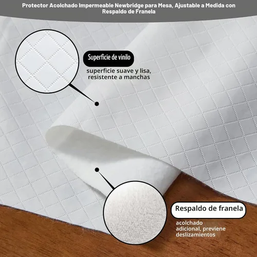 Vista 5 de Newbridge Protector acolchado impermeable de corte para adaptarse a la mesa con reverso de franela, resistente al calor, se limpia con un paño