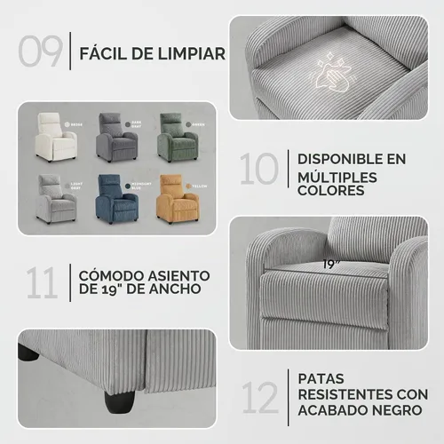 Vista 6 de Lexicon Sillón Reclinable de Pana con Respaldo Empujable Sillón Butaca Reclinable de Empuje hacia Atrás, Marco de Madera Sólida y Base de Metal Gris