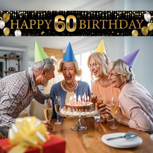 Vista 3 de Cartel decorativo de 60 cumpleaños para patio, decoración de feliz cumpleaños 60 para hombres y mujeres, cartel de fiesta de cumpleaños negro dorado