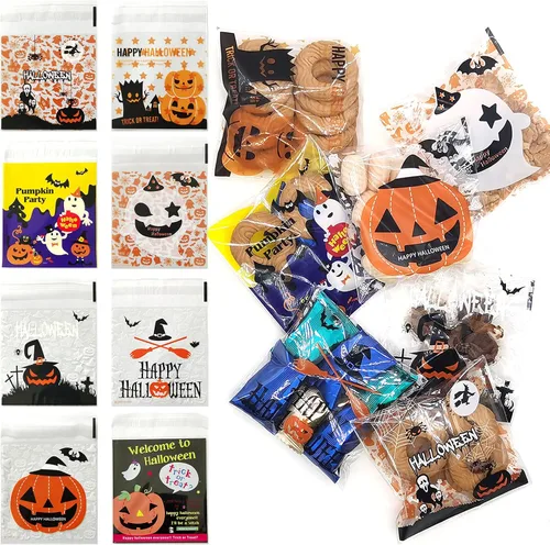 Vista 6 de 400 bolsas de dulces de Halloween, bolsas de celofán, con patrón de truco o trato, bolsas autoadhesivas para Halloween, dulce o truco, regalos