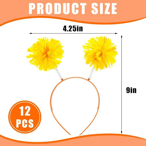 Vista 2 de Tigeen Diadema con pompones para la cabeza, 12 unidades, color amarillo (disfraz) para mujeres y adultos, accesorios para fiestas de cumpleaños
