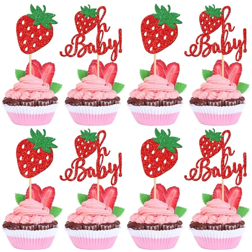 Vista 14 de 24 piezas de adornos para cupcakes de fresa, purpurina roja, temas de frutas, bayas y fresas, para verano, dulces, baby shower, fiesta