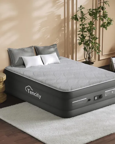 Vista 11 de Tencity - Cama de aire de inflado rápido, silenciosa y cómoda para invitados en el hogar, campamento, viajes, colchón de aire de lujo con cubierta